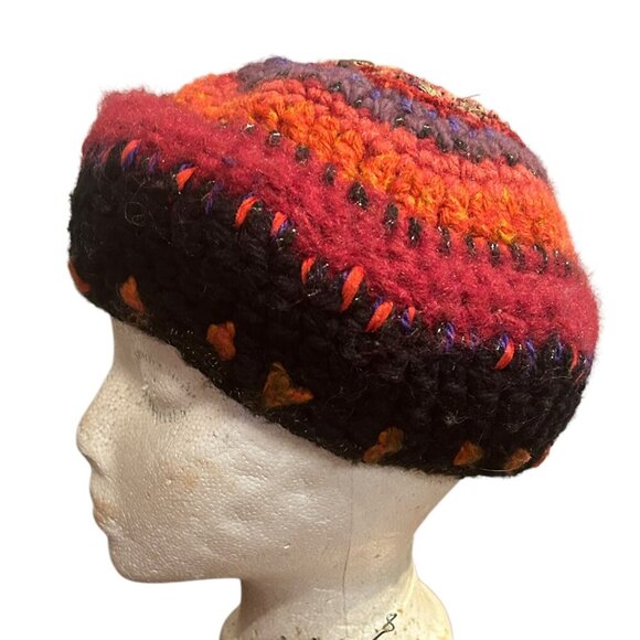 Handmade Vtg Wool Beret Colorful Hat Winter Toque‎ Pink Bohemian Boho Multicolor - Picture 2 of 10